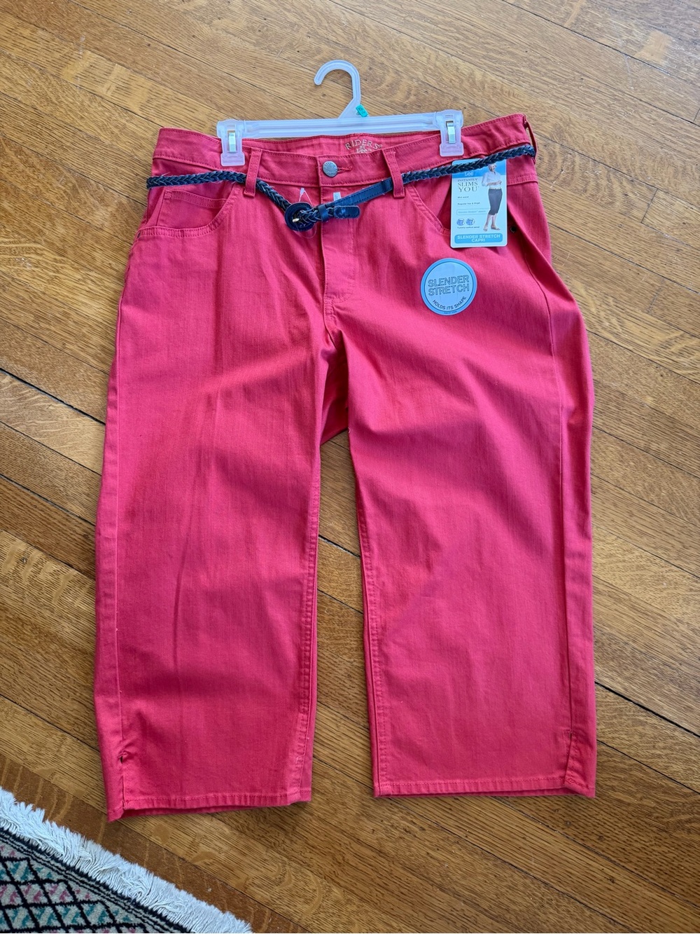 Women's size 14, Red Stretch Capris with Braided Belt